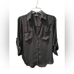 IZ Byer Black Button-Up Blouse with Roll Tab Sleeves – Size Small